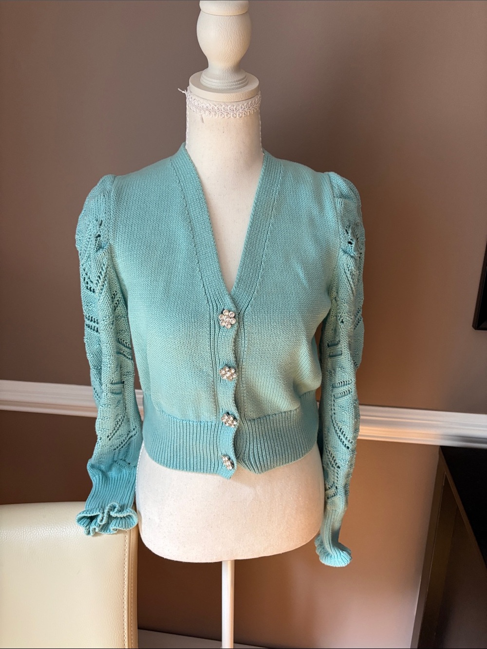 Industry- Light Teal Cropped Knit Cardigan with Embellished Buttons